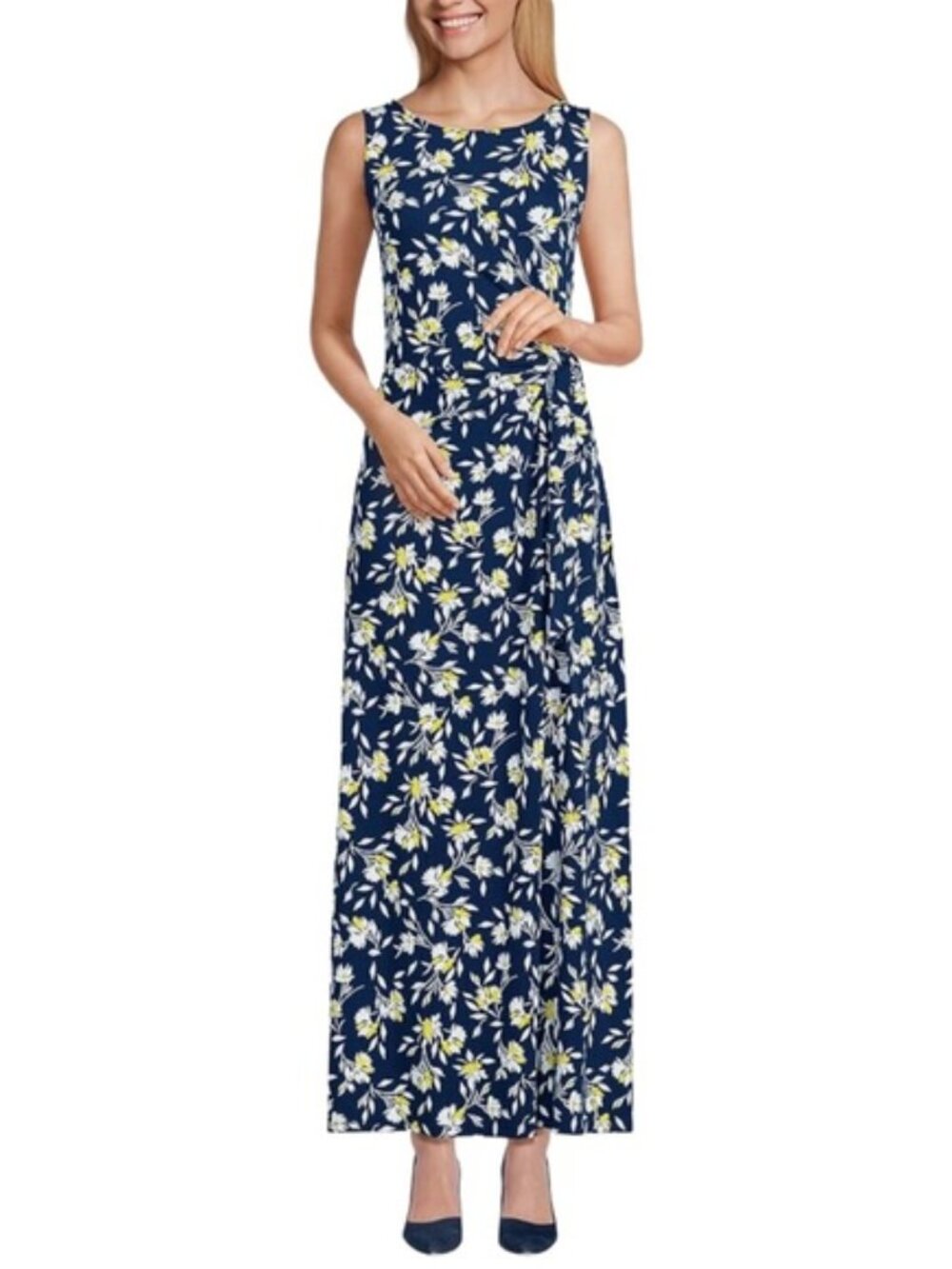 Lands' End NWT Women's Navy Yellow Floral Summer Maxi Dress